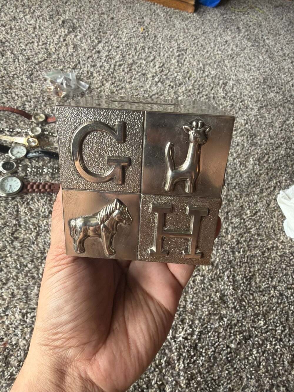 Vintage Silver coinBank ABC Alphabet Block Piggy Bank value~85$